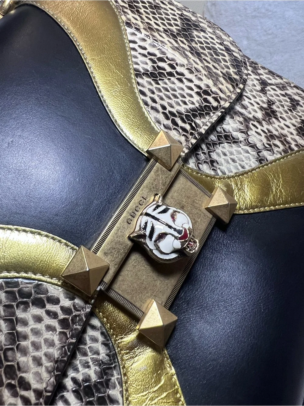 Gucci Black, Gold & Snake-Print Top Handle Bag
